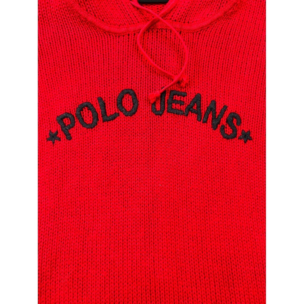 VTG Ralph Lauren Polo Jeans Co Sweater Womens M Red Knit Striped Cotton Hooded - Picture 3 of 8